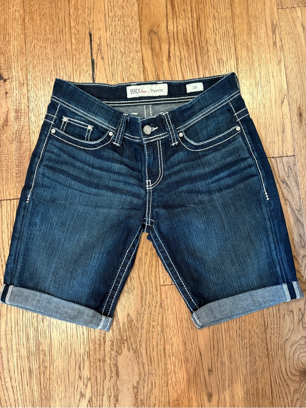 BKE Dark Blue Cuffed Denim Shorts with Contrast Stitching